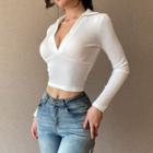 Long Sleeve V-neck Knit Polo Cropped Top