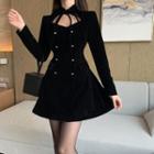 Tie-neck Cutout Velvet Mini A-line Dress