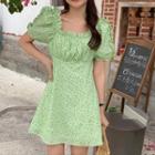 Puff-sleeve Floral Print Frill Trim Mini A-line Dress Green - One Size