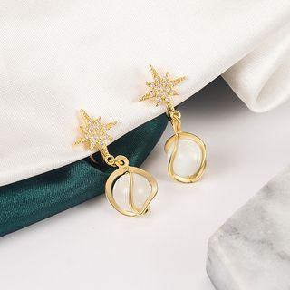 Star Faux Cat Eye Stone Alloy Dangle Earring 1 Pair - Clip On Earring - Gold - One Size