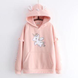 Unicorn Print Ear-accent Hood Fleece-lined Pullover