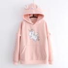 Unicorn Print Ear-accent Hood Fleece-lined Pullover
