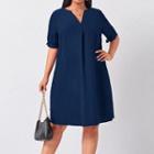 Plus Size Short-sleeve Notched Plain A-line Dress