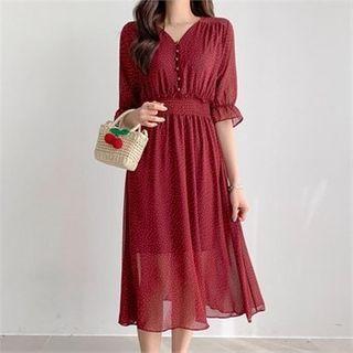 Smocked-waist Polka Dot Chiffon Dress