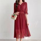 Smocked-waist Polka Dot Chiffon Dress