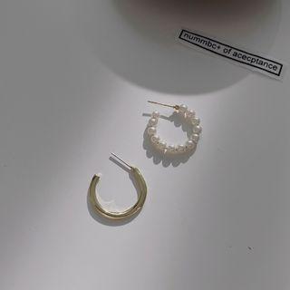 Asymmetrical Hoop Drop Earring 1 Pair - White & Gold - One Size