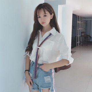 Plain Long-sleeve Blouse With Tie