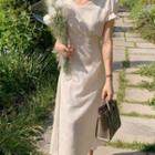 Short-sleeve Plain V-neck Tie-waist Midi Dress