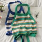 Opened Ribbon-back Striped Halter Top