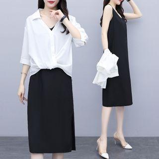 Set: Elbow-sleeve Chiffon Shirt + Sleeveless A-line Dress