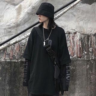Lettering Panel Sleeve Round Neck Top Black - One Size