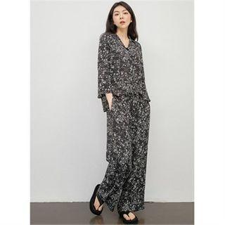 Flower Pattern Band-waist Pants Black - One Size