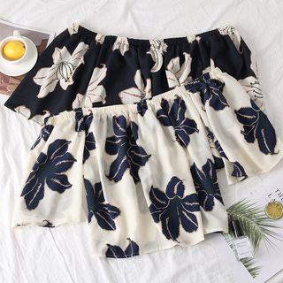 Boatneck Flower-print Crop Blouse