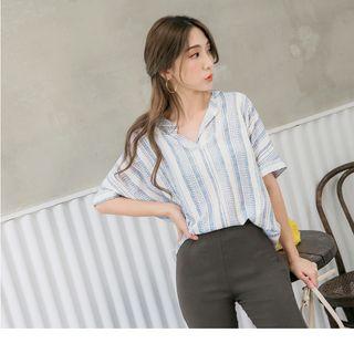Fold-up Sleeve Print Striped Top