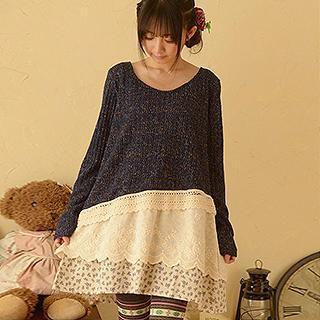 Long-sleeve Floral Panel Knit Dress