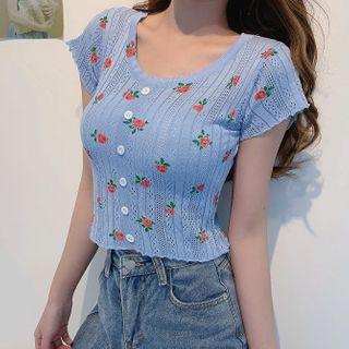 Short-sleeve Floral Print Button Knit Top