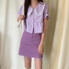 Puff-sleeve Plaid Buttoned Crop Top / Frayed A-line Denim Mini Skirt
