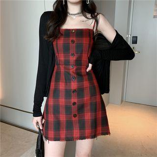 Sleeveless Plaid Mini Dress / Plain Long-sleeve Cardigan