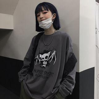 Long-sleeve Bat Print T-shirt Dark Gray - One Size