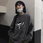 Long-sleeve Bat Print T-shirt Dark Gray - One Size