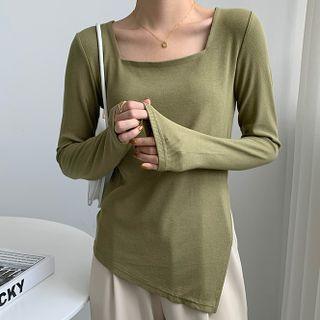 Long-sleeve Square-neck Slit Top