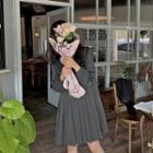 Puff-shoulder Button-back Pleated Dress