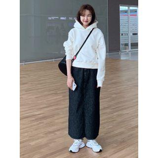 Belted-detail Slit-front Denim Long Skirt