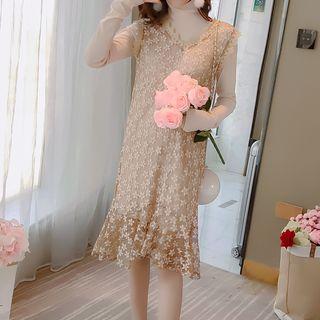 Set: Ribbed High Neck Long-sleeve Dress + Sleeveless Lace Dress