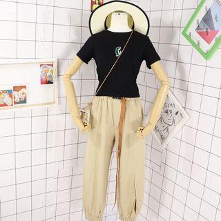 Short-sleeve Embroidered Knit Top / Harem Pants / Set