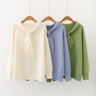 Tie-neck Loose-fit Plain Sweater