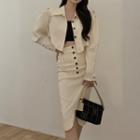 Long-sleeve Polo Collar Cropped Jacket / High-waist Package Hip Semi Skirt