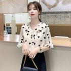 Bell-sleeve Collared Heart Print Blouse