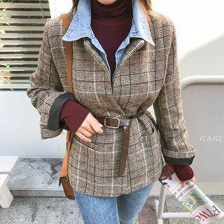 Denim Shirt Layered Plaid Blazer Brown - One Size