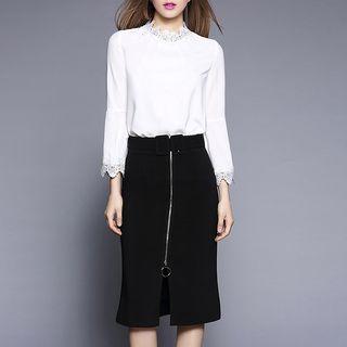 Set: Lace Trim 3/4 Sleeve Blouse + Front Zip Midi Skirt
