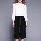 Set: Lace Trim 3/4 Sleeve Blouse + Front Zip Midi Skirt