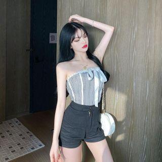 Plaid Ribbon Strapless Top Plaid - Black & White - One Size