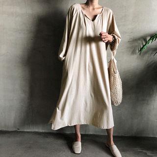 Bishop-sleeve Long Cotton Dress