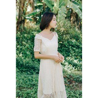 Short-sleeve Cold Shoulder Perforated A-line Midi Dress