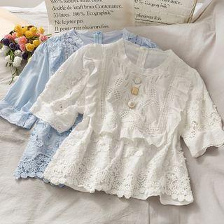 Eyelet Puff-sleeve Crop Blouse