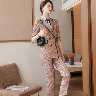 Plaid Double-breasted Blazer / Wide Leg Pants / Set