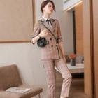 Plaid Double-breasted Blazer / Wide Leg Pants / Set
