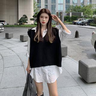 Striped Loose Fit Shirt / Plain Vest