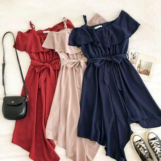 Plain Off-shoulder Ruffled-trim Dress