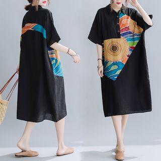 Printed Panel Short-sleeve Collared Midi A-line Dress Black - One Size