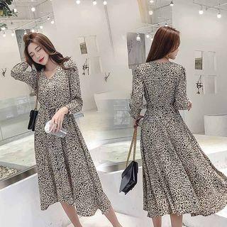 V-neck Leopard Dress With Sash Beige - One Size
