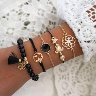 Set Of 5: Glaze / Faux Gemstone / Alloy Bracelet (various Designs) Ab125 - Black - One Size