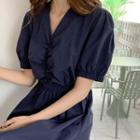 Shirred-front Banded-waist Long Dress