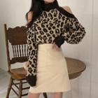 Leopard Pattern Cold Shoulder Sweater / High Waist A-line Skirt