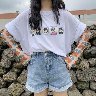 3/4-sleeve Cartoon Printed T-shirt / Printed Arm Warmer