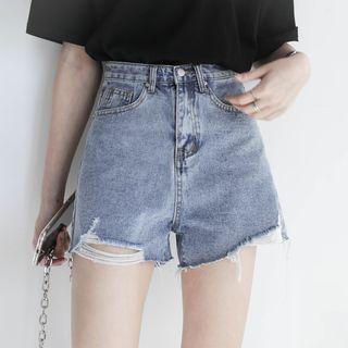 High-waist Washed Denim Distressed Wide Leg Shorts